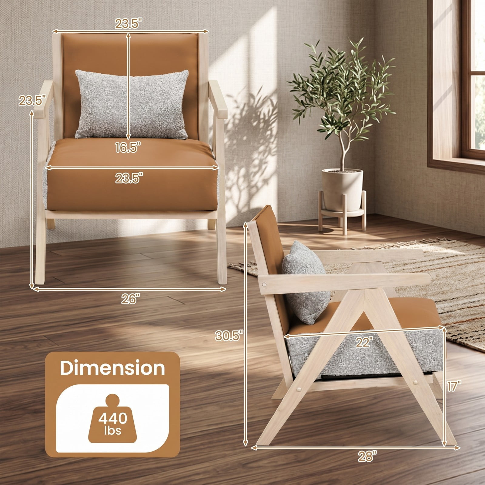 Furnibear Mid-Century Modern Accent Chair, Faux Leather Upholstered Armchair with Chenille Fabric, Rubber Wood Frame, Pocket Spring Cushion for Living Room, Brown