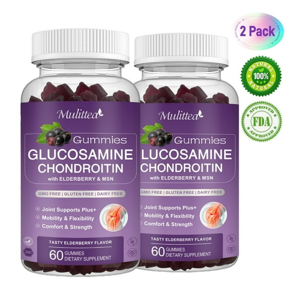 (2 Pack) Mulittea Glucosamine Chondroitin Gummies - Extra Strength with Elderberry for Natural Joint Support, Antioxidant Immune Support for Adults - 120 Gummies