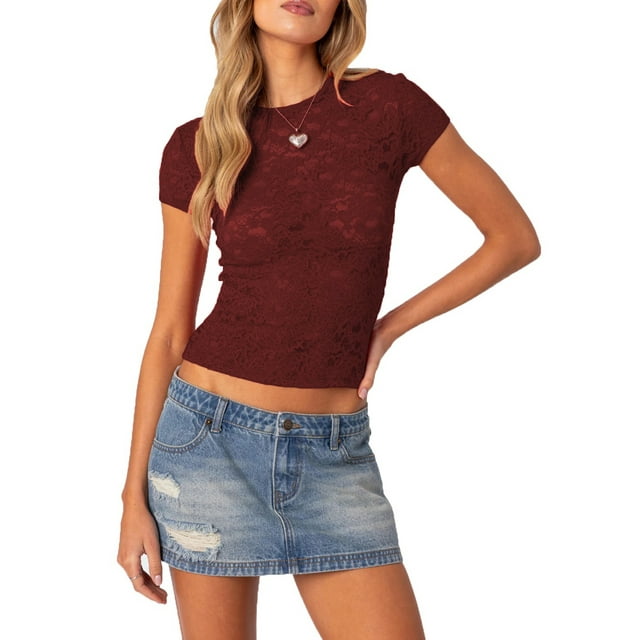 SUNSIOM T-Shirt à Manches Courtes et Col Rond Décontracté en Dentelle pour Femmes Vêtements d'Été