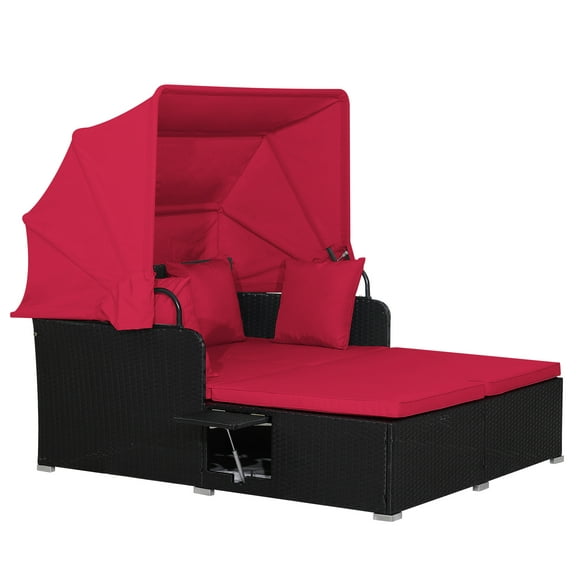 Topbuy Outdoor Daybed with Retractable Canopy PE Rattan Sunbed with Soft Cushions & Pillows 2 Folding Side Trays Red