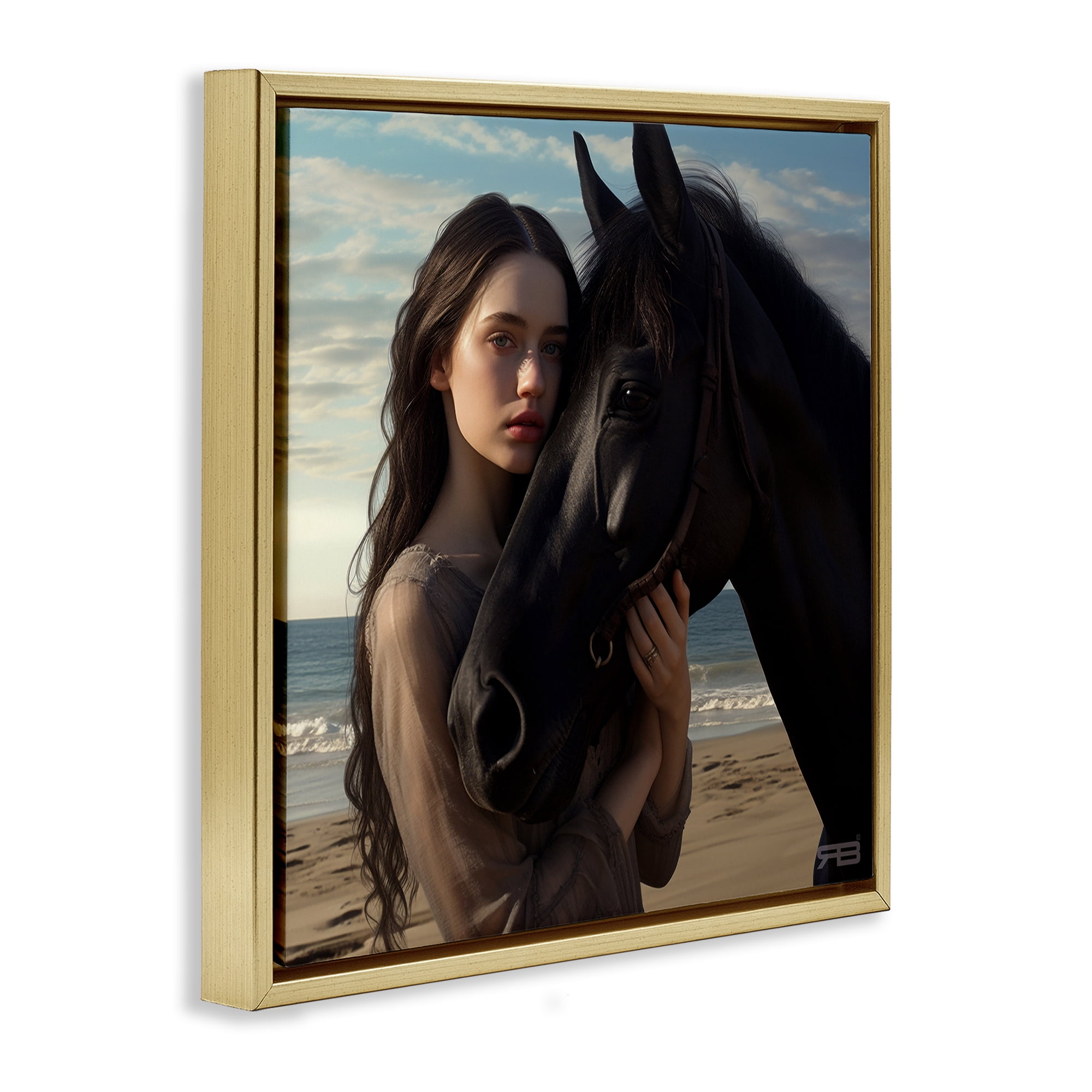 Stupell Industries Beautiful Girl & Stallion People Painting Gold Floater Framed Canvas Art Print Wall Art, 25 x 25