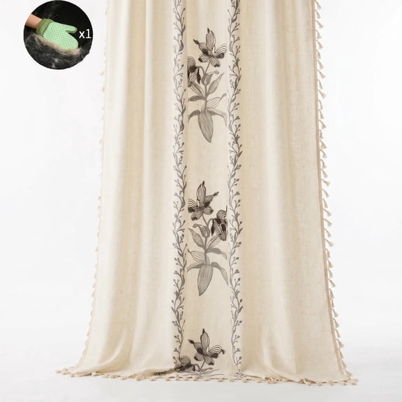 Boho Floral Embroidered Linen Curtains Vintage Semi Blackout Tassel Curtain Window Drapes Rod Pocket Farmhouse Curtain Panels for Bedroom Living Room,59"W x 71"L (Pack of 1)