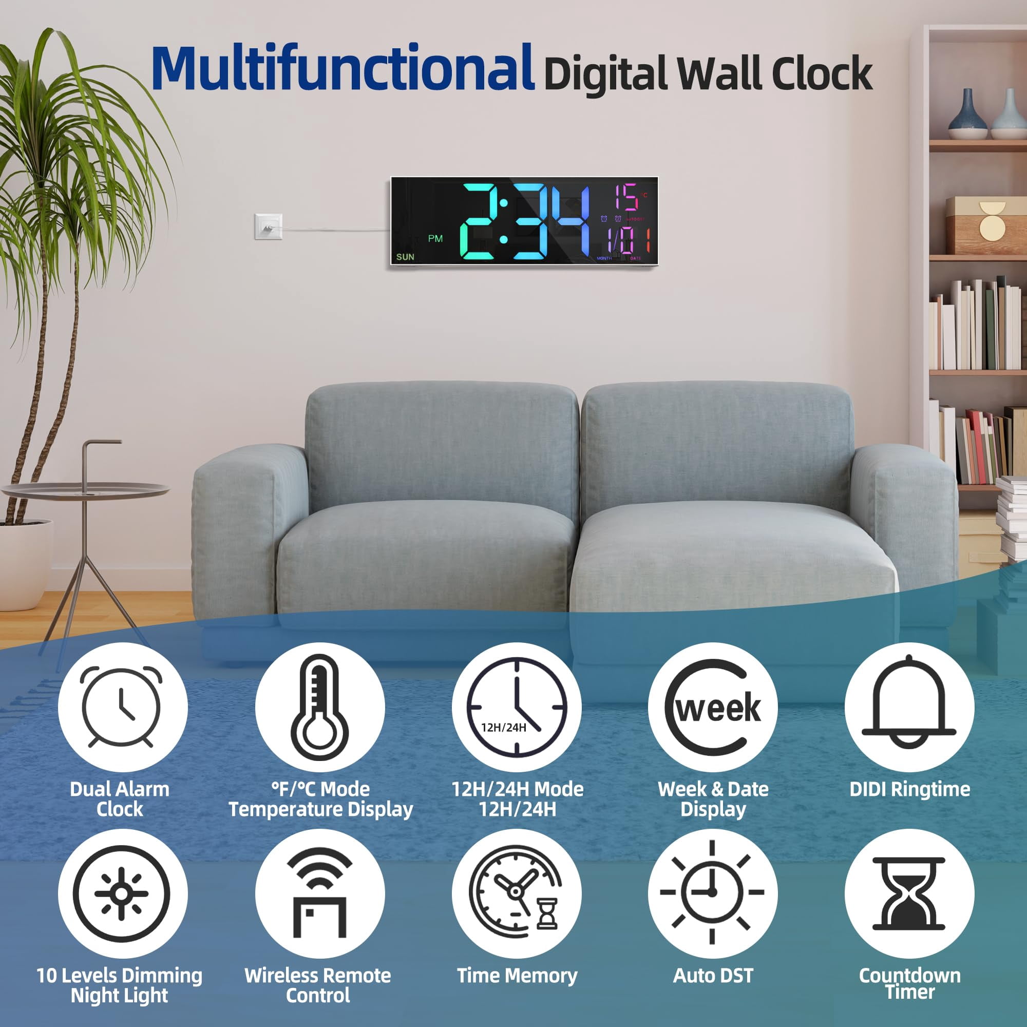 Mee 2ou 16" Large Digital Clock With Temperature, Date, Auto DST, Night Light, Auto Brightness Dimmer, 24/12-hour Wall Clock for Living Room Garage Office Classroom Gym Shop Decor