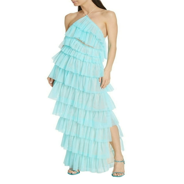 Robe Maxi Sexy en Tulle à Volants pour Femmes Robe de Soirée Sans Manches une Épaule Dos Nu Longue en Maille Transparente Robes de Cocktail