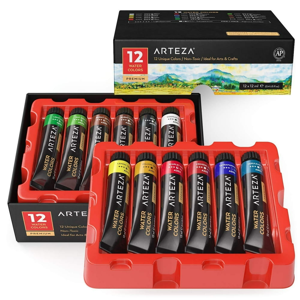 Arteza Watercolor Paint, Set of 12 Colors/Tubes, 12 x 12ml/0.4 oz with Storage Box, Rich