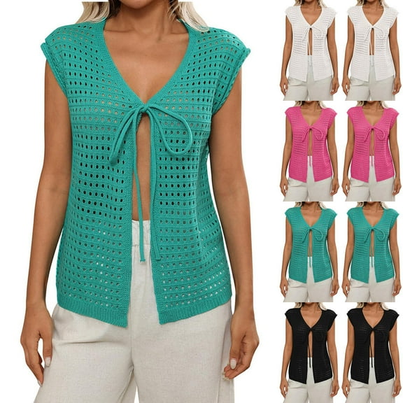 ZZwxWA Womens Crochet Tie Front Cover Up Hollow Out Knit Cap Sleeve Smocked Tops Solid V Neck Vacation Beach Cover Ups Clothing