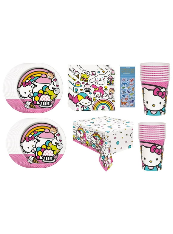 Hello Kitty Birthday Party Supplies Bundle includes 16 Dessert Cake Paper Plates 7", 16 Paper Napkins 2-Ply 6.5", 16 Paper Cups 9oz, 1 Plastic Table Cover 54" x 84", 1 Dinosaur Sticker Sheet