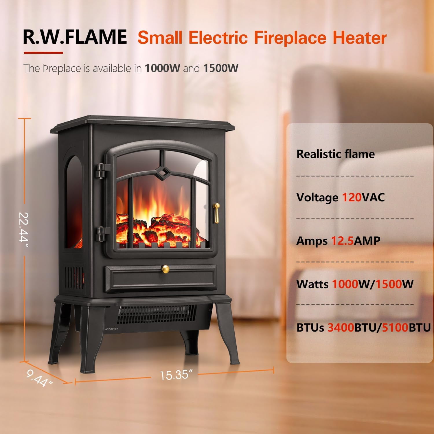 Moifoi 22" Electric Fireplace Heater,Freestanding Electric Stove 3D Realistic Flames,1000/1500W Fireplace Heater Adjustable Flame Brightness,Black