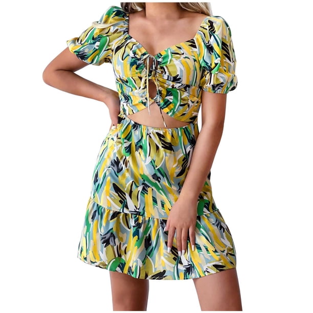 Vestido de cintura alta con estampado de corbata y cuello en V de manga corta a la moda de verano para mujer Fridja bnh3910