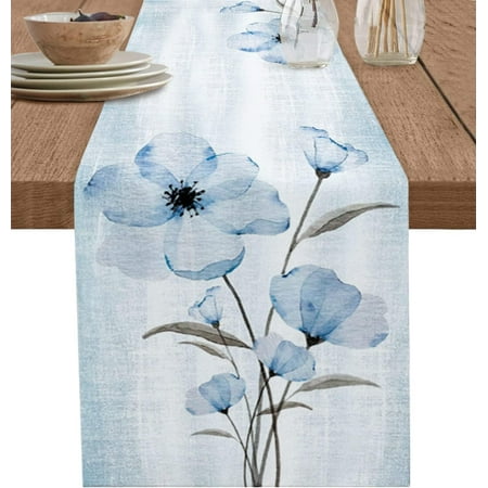 

Ombre Cotton Linen Table Runner Dresser Scarves Blue Flowers Table Runners for Dinning Table Retro Ombre Kitchen Decor Holiday Dinner Decoration-13x48 Inch