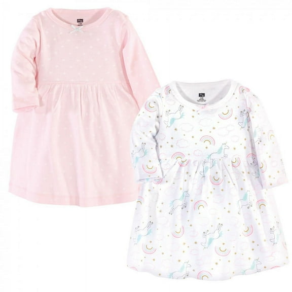 Hudson Baby Infant and Toddler Girl Cotton Long-Sleeve Dresses 2pk, Glitter Unicorn, 0-3 Months