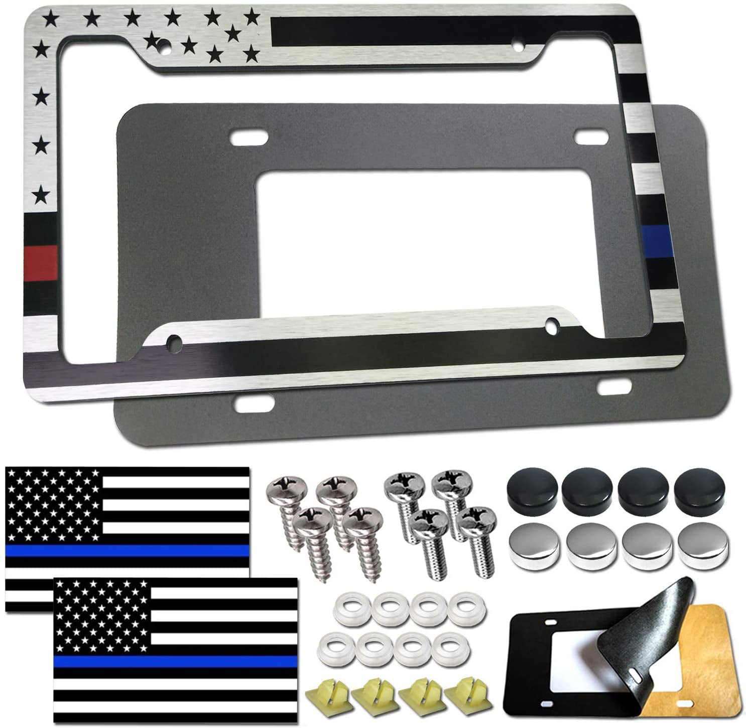 Truck or SUV 4 Hole Black Heavy-Duty Aluminum Bracket Flag Decal Screws Caps Novelty Thin Cover for Front Bumper American Flag License Plate Frame- USA Patriotic Personalized Car Tag Holder 