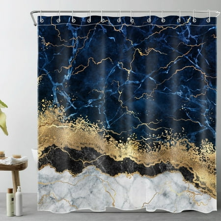 HVEST Blue and Gold Marble Shower Curtain Decor,Modern Art Grey Marble Geometric Pattern Shower Curtain for Bathroom 69X70 inch Polyester Fabric Bathroom Decoration Bath Curtains Hooks Included