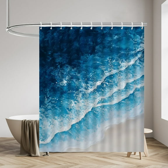 Beach Ocean Wave Shower Curtain for Bathroom Decor Blue White Coastal Nautical Waterproof Bathroom Curtains with Hooks Sea Abstract Modern Seaside Themed Bathroom Decor