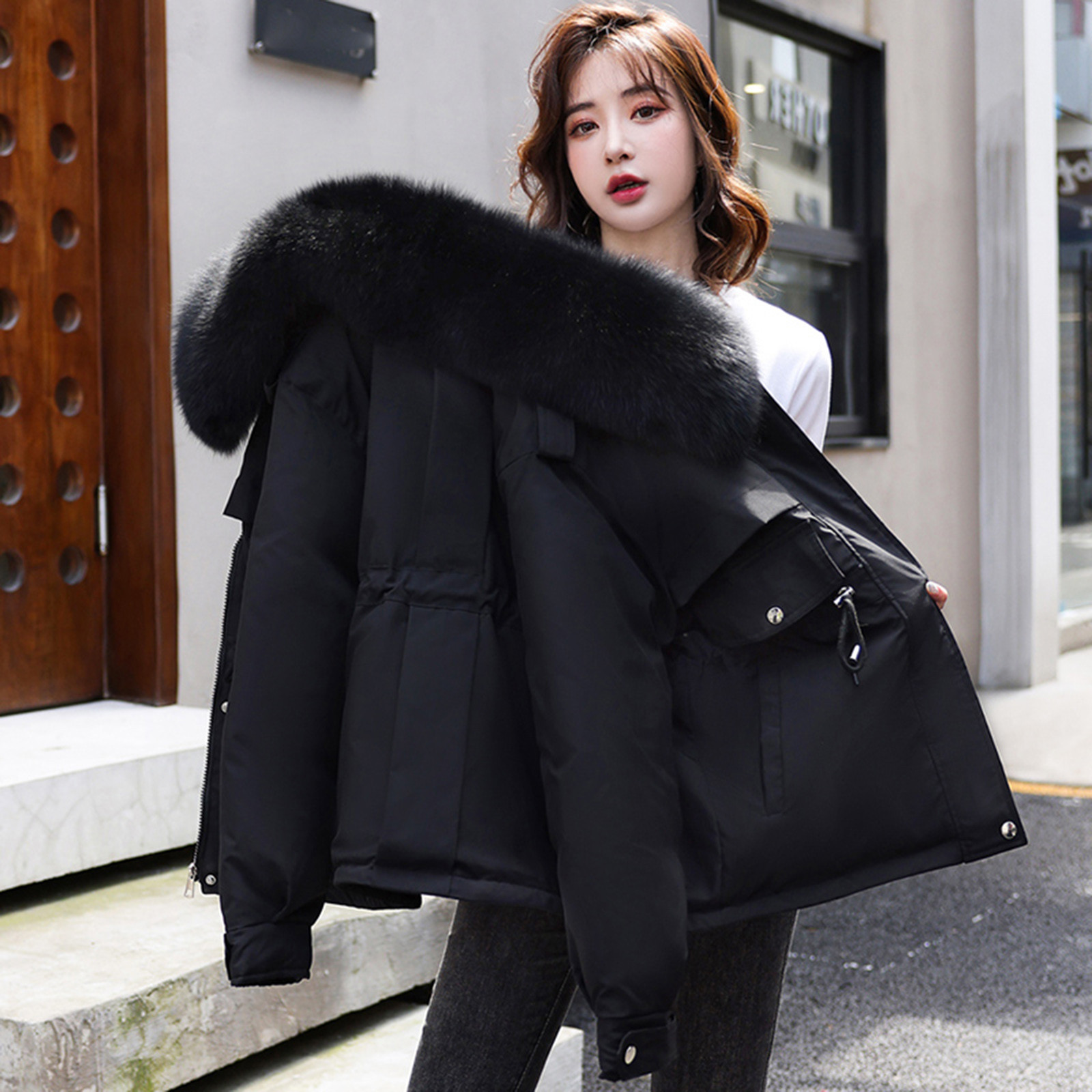 Women's Casual Suede Jacket - Loose Lapel Zip-Up Coat With Bell Sleeves & Pockets For Fall