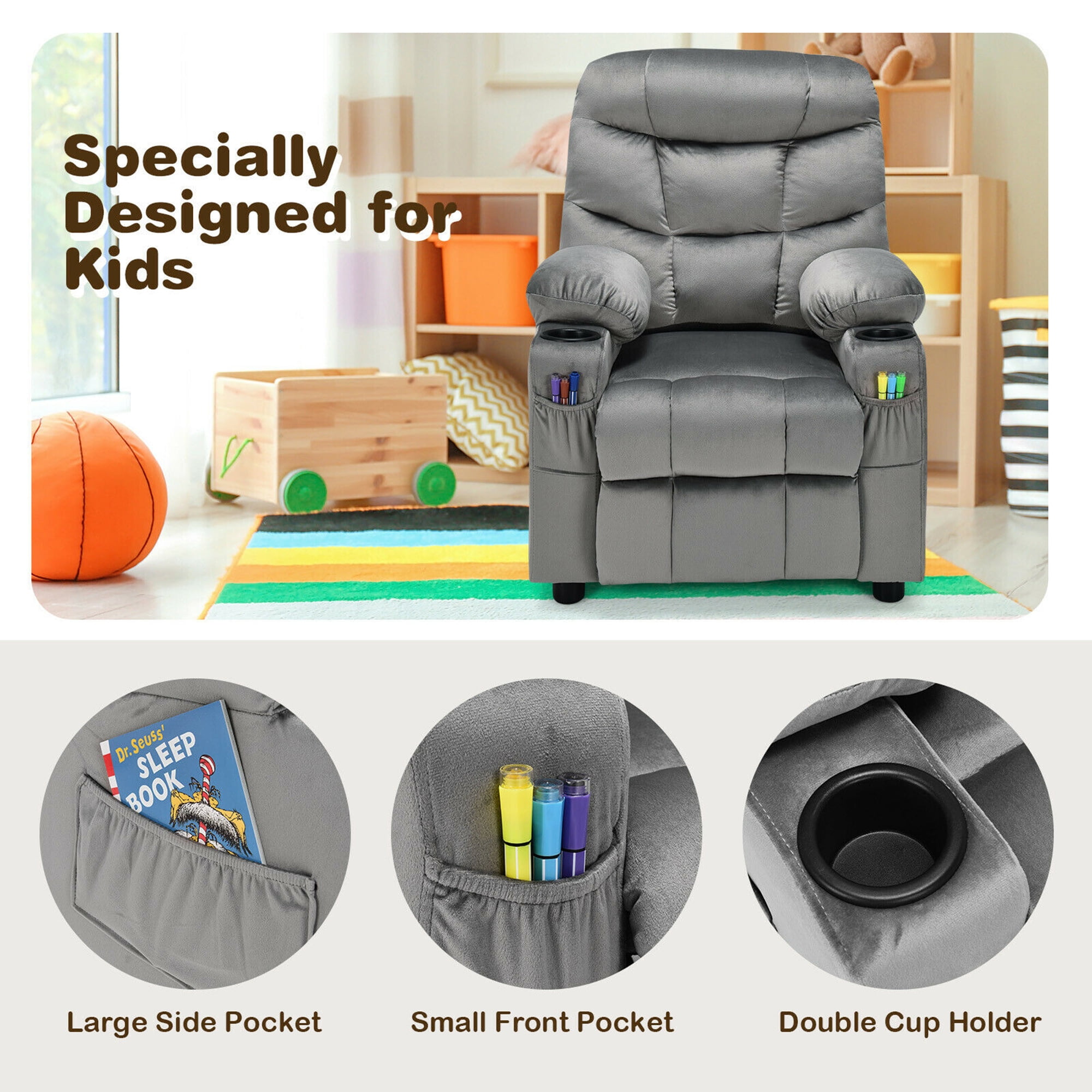 Gymax Kids Youth Recliner Chair Velvet Fabric w/Cup Holder & Side Pocket Grey