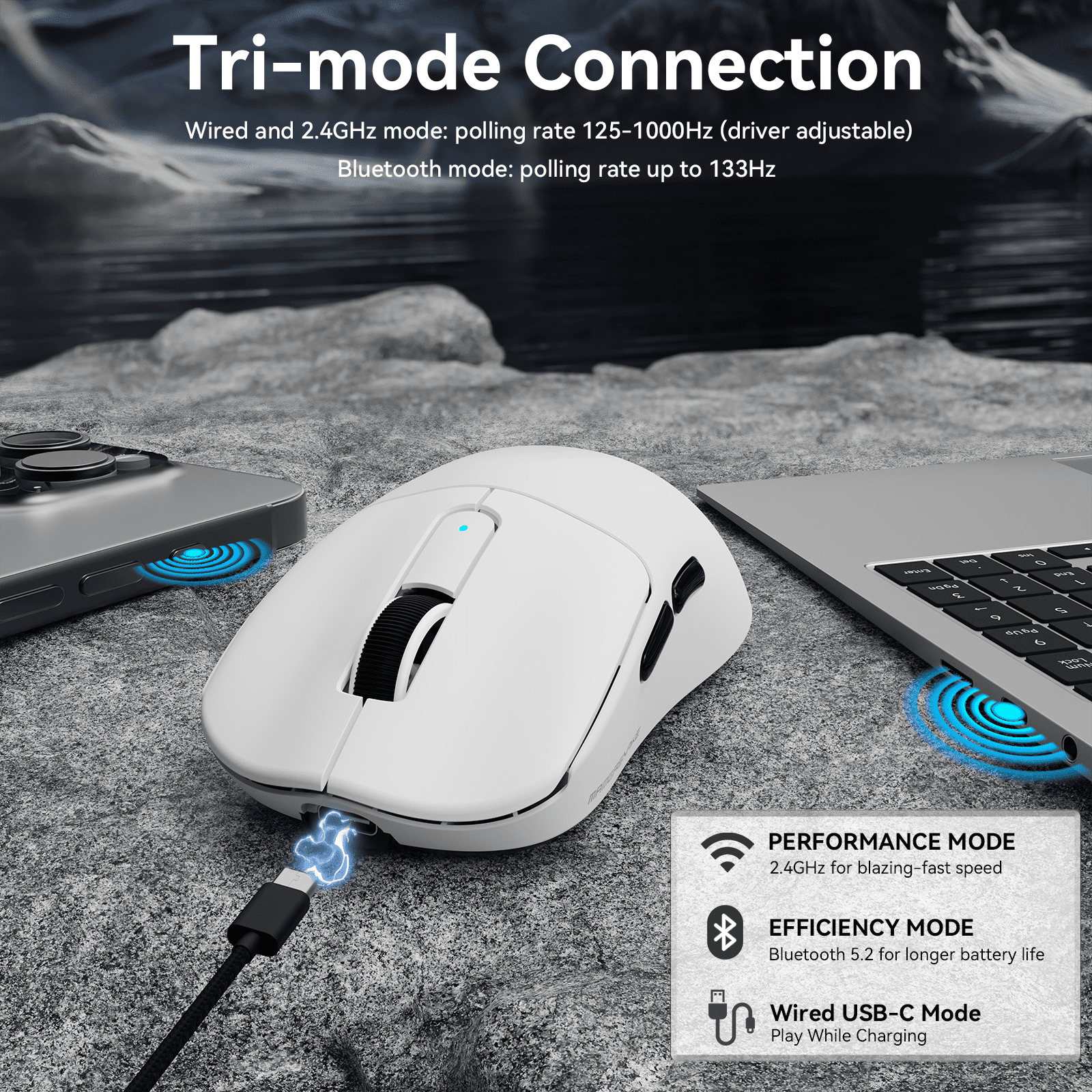 MAMBASNAKE M3 39g SUPERLIGHT Mouse, PixArt PAW3395PRO Gaming Sensor, BT/2.4G Wireless/Wired Gaming Mouse, 6 Adjustable DPI up to 40000, 200 Hrs Battery, Office Mice for Win11/Xbox/PS/Mac - White