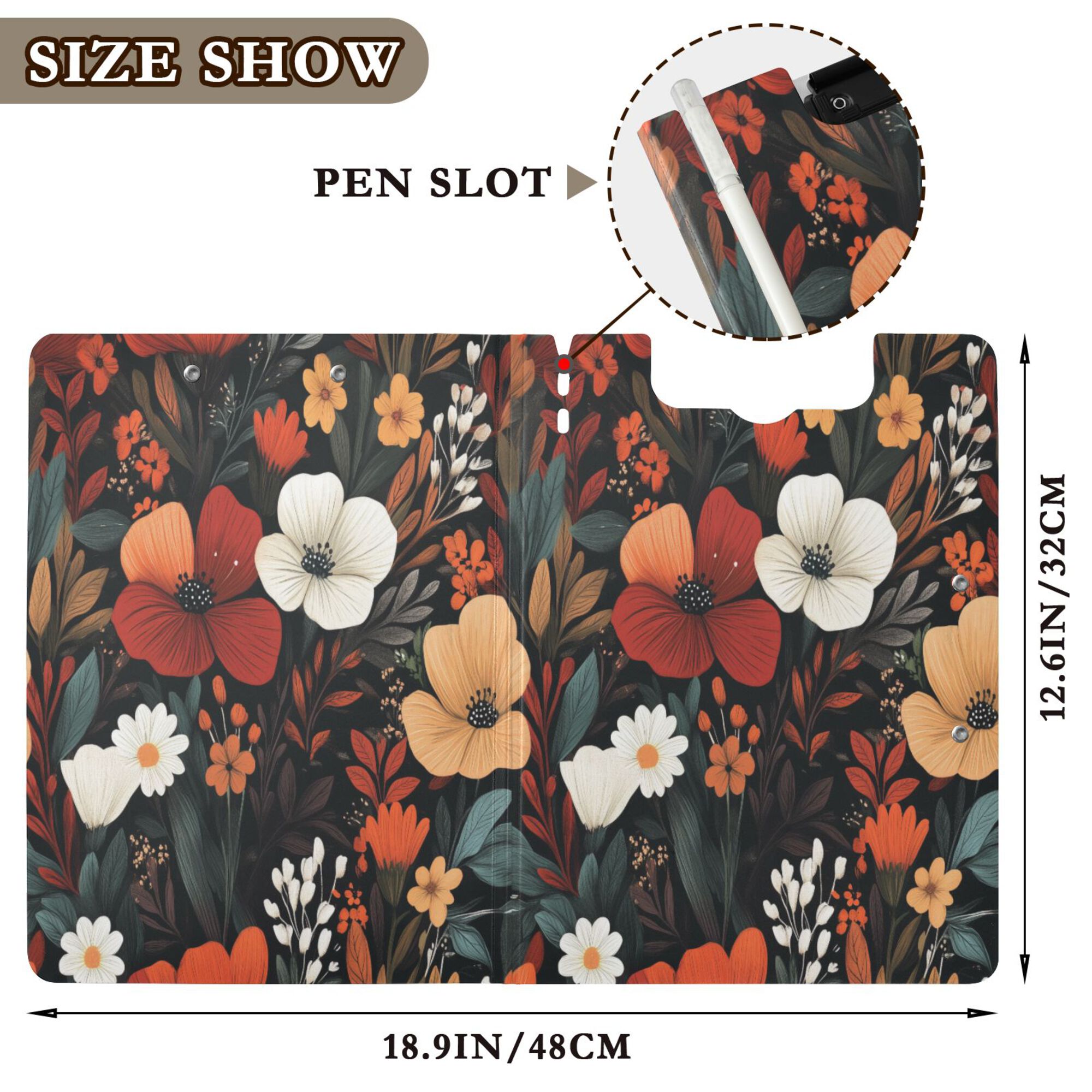 FORMRS A4 Clipboard Folder with Pen Holder Horizontal Foldable School Office Binder, Red Flowers Pattern