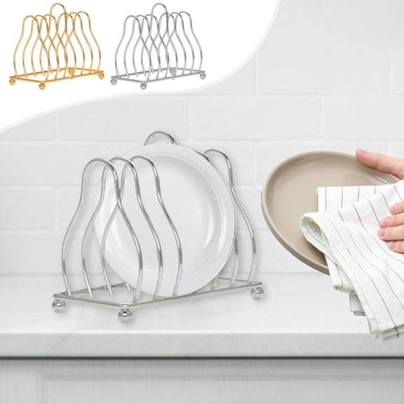 Countertop Dish Drying Rack, Small Iron Draining Rack with Handle, Rust-Proof Triangular Kitchen Organizer for Plates and Dishes, Gold 5.1 in
