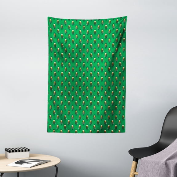 Elf Tapestry, Repetitive Pattern of Chunky Irish Man with a Hat and a Pipe, Wall Hanging for Bedroom Living Room Dorm Decor, 40W X 60L Inches, Green Pale Mustard Orange and Umber, by Ambesonne