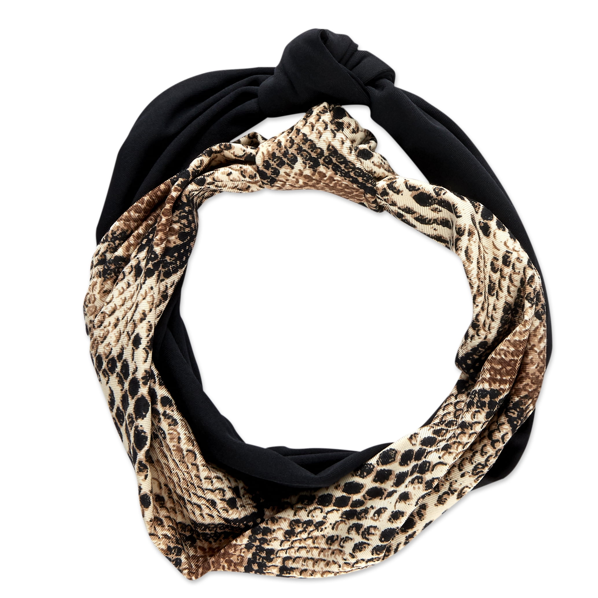 Wild Primrose by Scunci Knotted Fashion Fabric Turban Headwrap in Black and Animal Print, 2ct