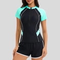 thumbnail image 2 of Women's Rash Guard Swimsuit Two Piece Half Zip Short Sleeve Color Block Bathing Suit with Swim Shorts Tankini Swimwear Green L, 2 of 5