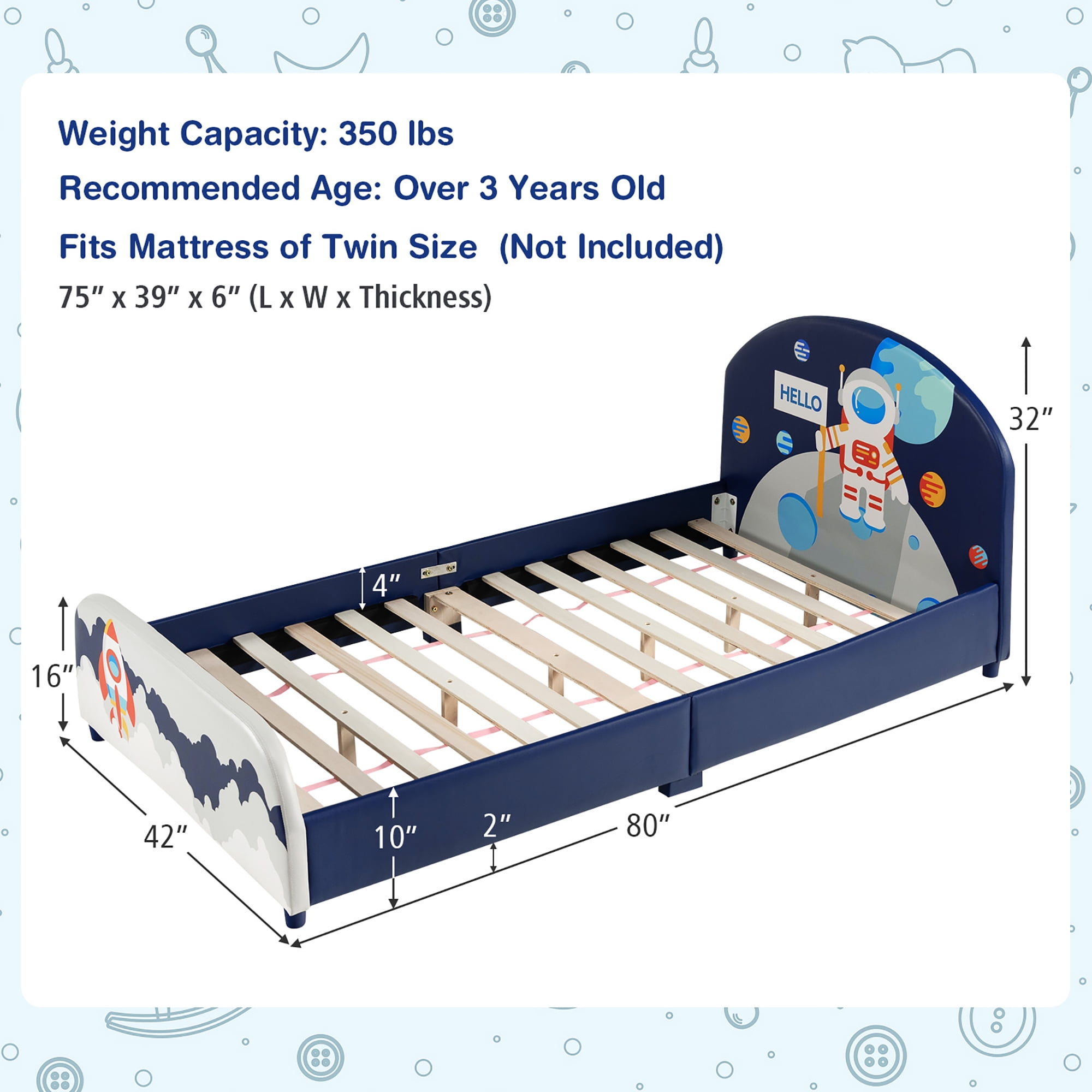 Costway Kids Upholstered Platform Bed Children Twin Size Wooden Bed Astronaut Pattern
