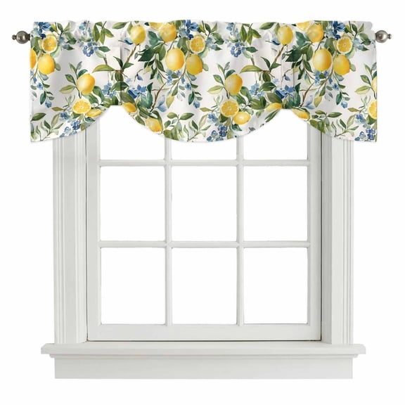 Tie Up Valances for Windows, Yellow Lemon Adjustable Valance Curtains Window Treatment for Living Room/Bedroom, Green Leaf Blue Flower Tropical Fruit Rod Pocket Kitchen Curtains & Drapes 60x18 Inch