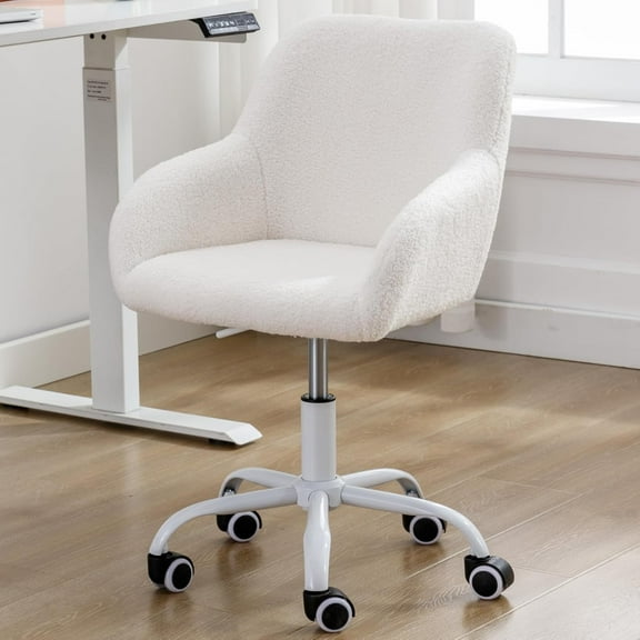 LukeAlon Kids Adjustable Desk Chair, Sherpa Study Chair with Swivel Base Upholstered Cute Reading Chair with Arms for Girls Children, White