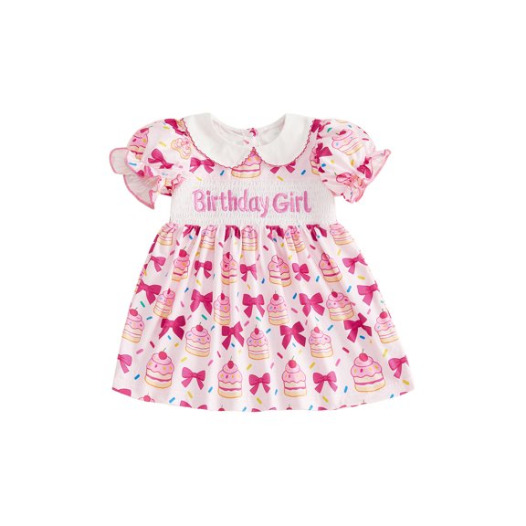BemeyourBBs Toddler Baby Girls Birthday Dress Outfit 1 2 3 4 Years Birthday Clothes Cake Bow Print Short Bubble Sleeve Peter Pan Collar Summer Smocked Dress