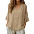 thumbnail image 3 of Craaazy Women Casual 3/4 Sleeve Blouse, Solid Color V Neck Tops, Loose Fit Linen Cotton Blend Shirt for Daily Wear Gifts, 3 of 8