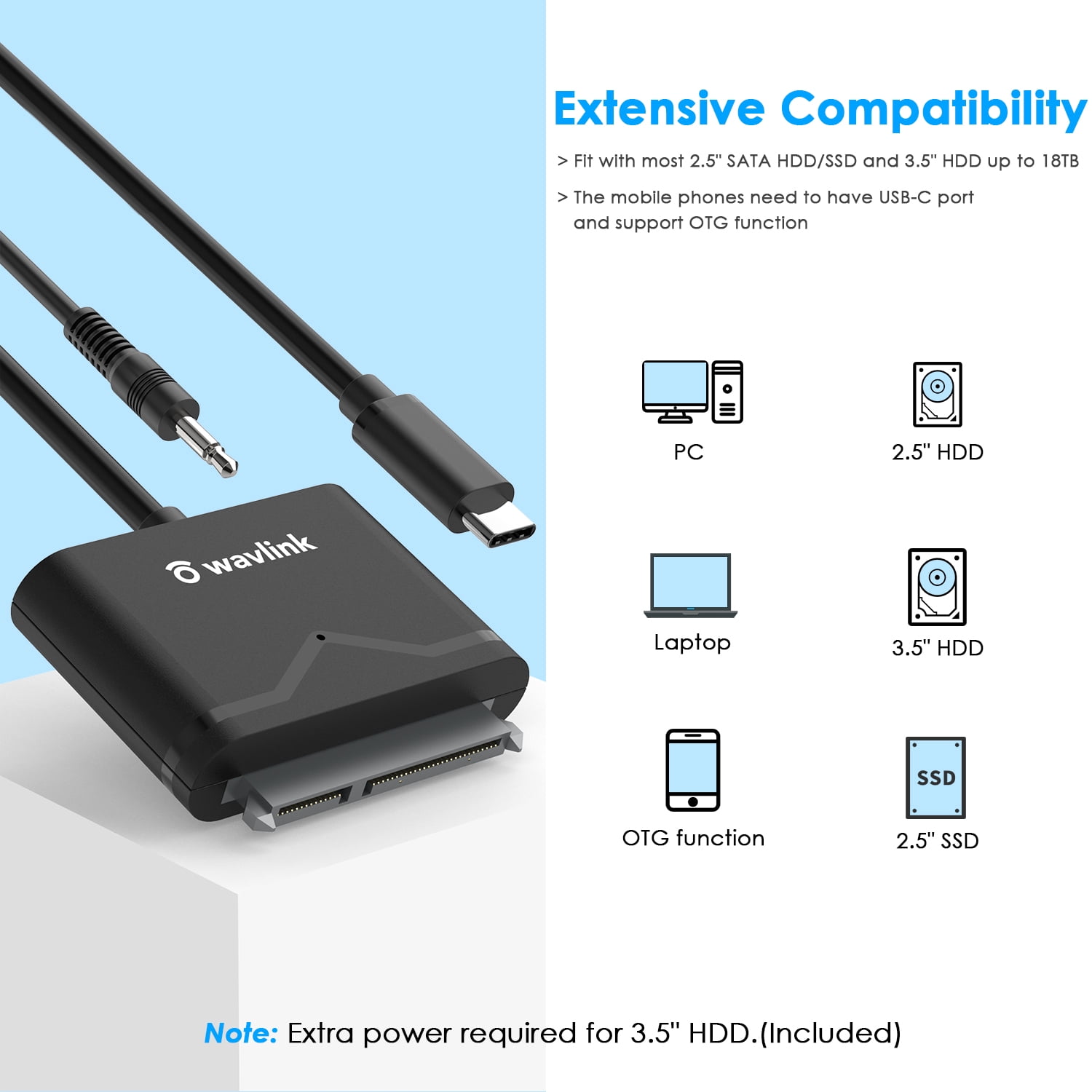 SATA to USB C Adapter Cable, Wavlink SATA III Cable Hard Drive Adapter Converter - External Hard Drive Connector for 2.5" SSD/HDD and 3.5" HDD Data Transfer, Support UASP, TRIM and S.M.A.R.T, Auto-sl