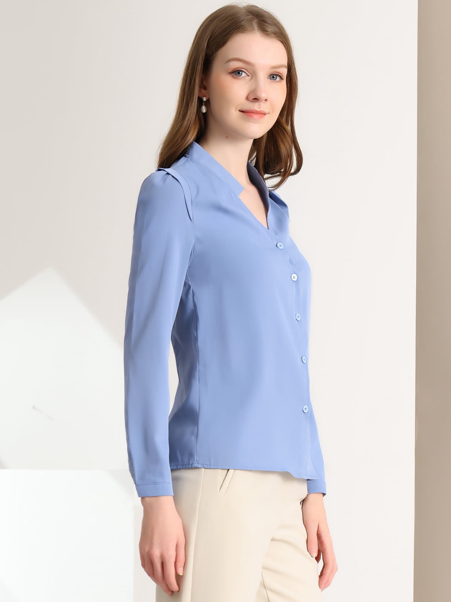 DARING DIVA Women's Elegant V Neck Long Sleeves Button Down Shirt L Blue