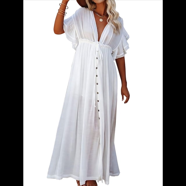 Vestido Informal de Verano para Mujer, Maxivestido con Volantes y Botones, Estilo Bohemio, Túnica Larga. Talla Única