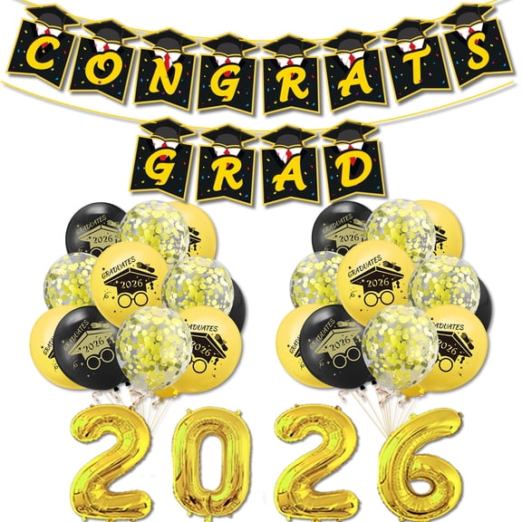 2026 Graduation Balloons Decorations Banner Backdrop Tablecloth Hanging Swirls for Graduation Back to School Party Supplies(Flag   32" Aluminum Film   24 Balloons   1 Ribbon )
