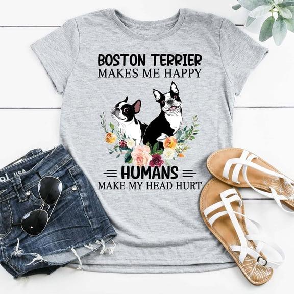 BandRole Boston Terrier Makes Me Happy Humans Make My Head Hurt Cute Boston Terrier T-Shirt, Tee