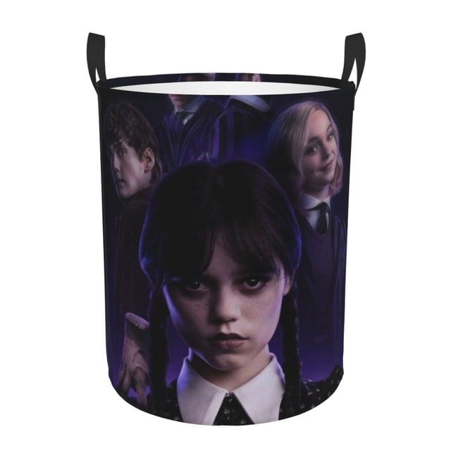 Cesto para ropa sucia Wednesday Addams, cesta de almacenamiento circular plegable impermeable con asa, cesta organizadora de juguetes para ropa sucia, decoración para dormitorio y baño, tamaño mediano