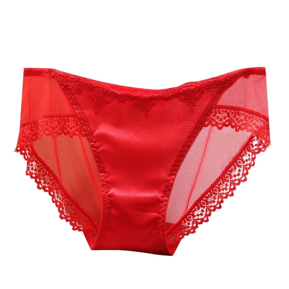 PMVFHDE Fashion Womens Sheer Mesh Transparent Lace Medium Low Waist Seamless Cotton Gusset Triangle Briefs Womens Underwear Red,L