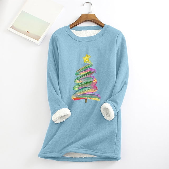 Meichang Chandail en Molleton en Molleton pour Femmes Grande Taille Graphique Arbre de Noël Doublé Sherpa Chandail en Molleton Hiver Chaud Manches Longues Col Rond Chandail Chandail en Molleton Bleu Clair TG
