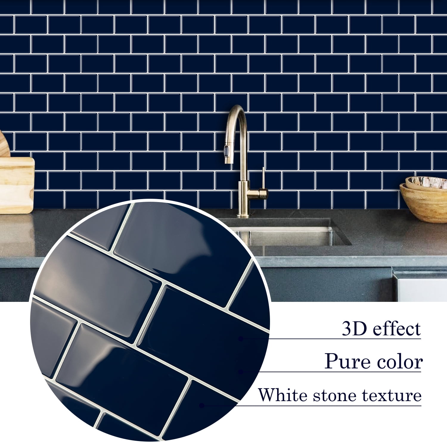 clevermosaics Deep Blue Peel and Stick Vinyl Wall Tiles for Kitchen & Bathroom Backsplash (Pack of 10, Thicker)