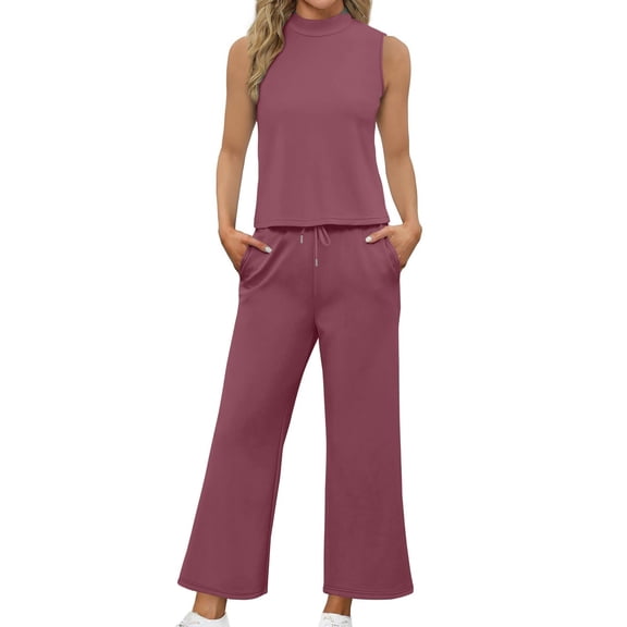 Women's Mock Neck Two Piece Sets Summer Sleeveless Tank with Wide Leg Crop Pants Casual Vacation Lounge Outfits 2026 Purple XS