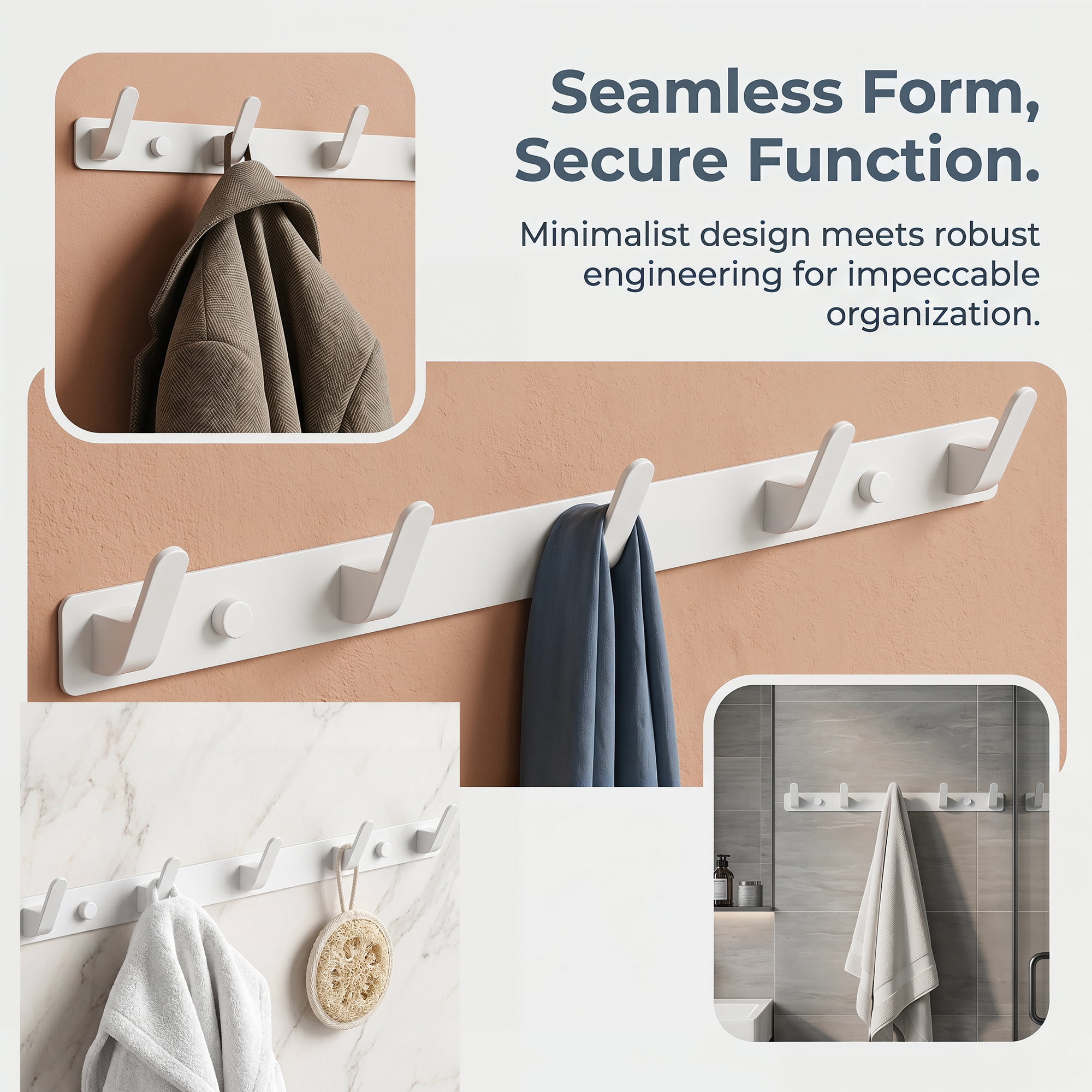 Unique Bargains Coat Rack Wall Mount for Entryway Bathroom Bedroom White 5 Hooks