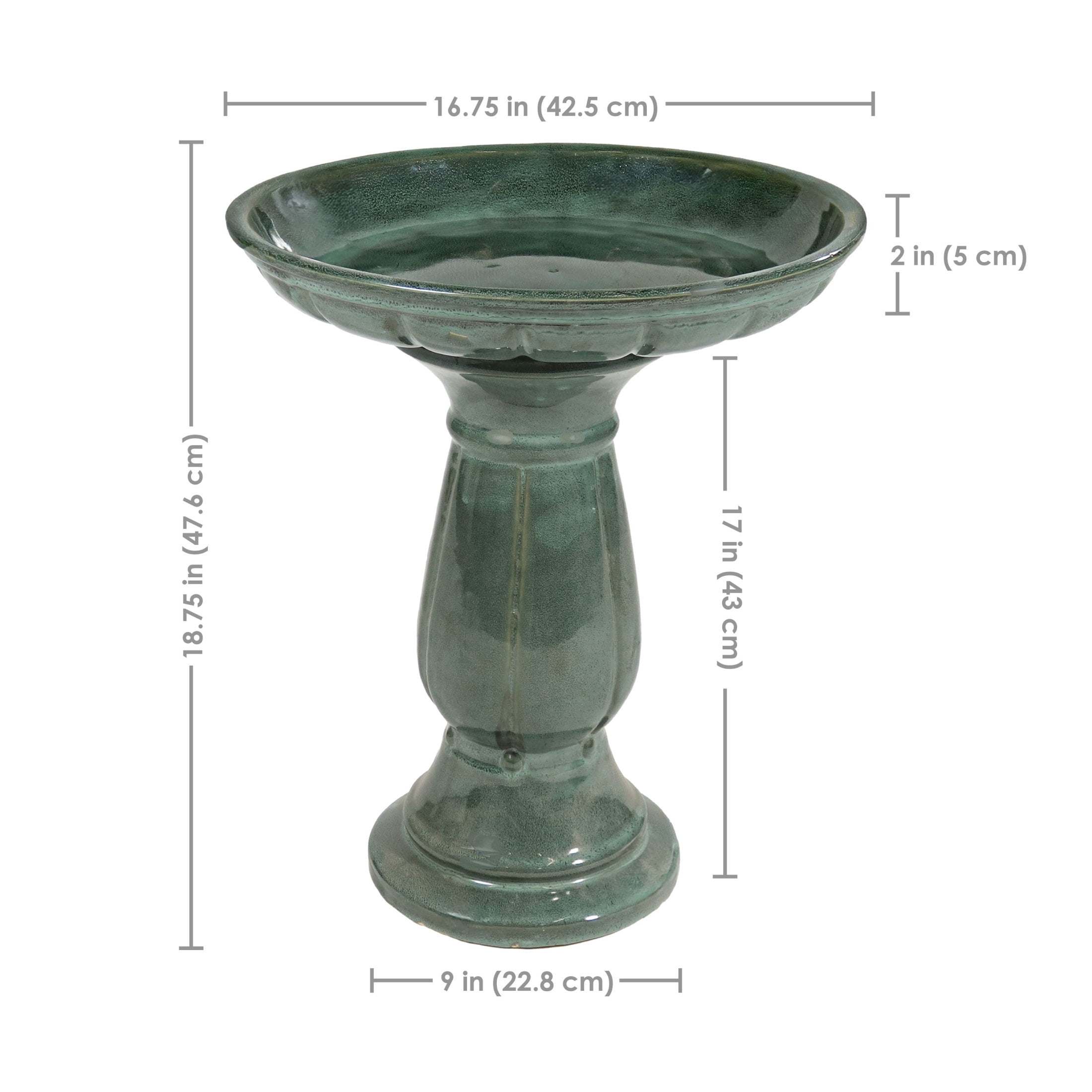 Sunnydaze Avignon Freestanding Ceramic Outdoor Bird Bath, UV-Resistant Green Mist Finish