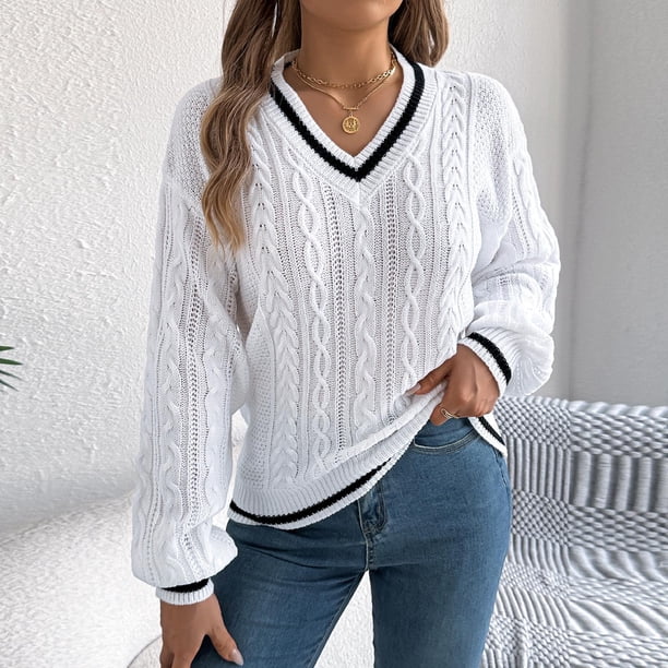 Suéter de cuello redondo para mujer, suéter de manga larga con cuello en V, tops de acrílico para mujer