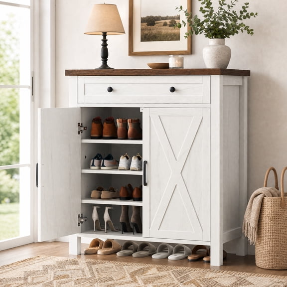 Seetech 4-Tier Shoe Storage Cabinet with Adjustable Shelves and Drawer, Farmhouse Shoe Organizer Rack for Entryway Hallway, White