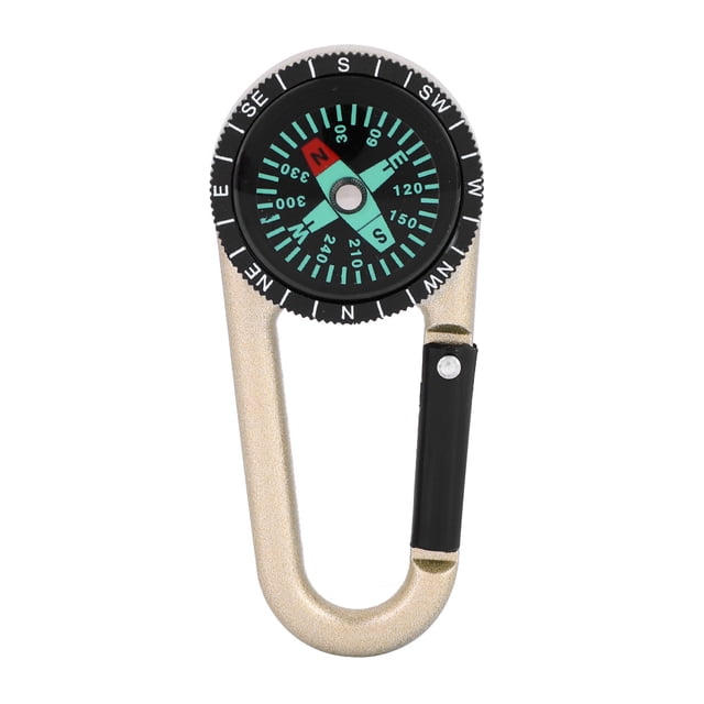 Mosquetón metálico multifuncional con mini brújula para camping y montañismo.