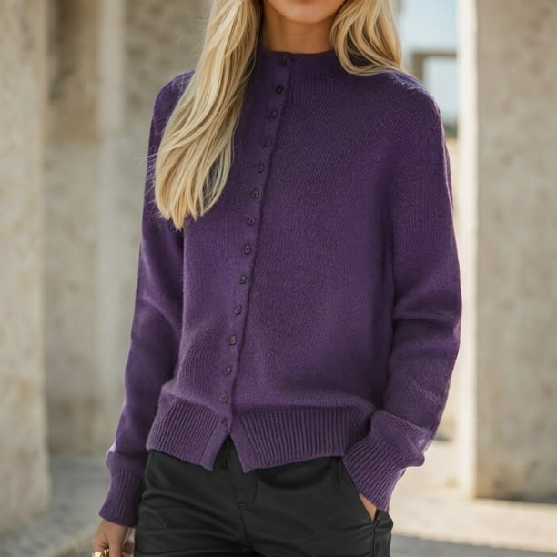Suéter de cuello redondo para mujer, cárdigan holgado informal de color liso, chaqueta de manga larga, blusa para mujer