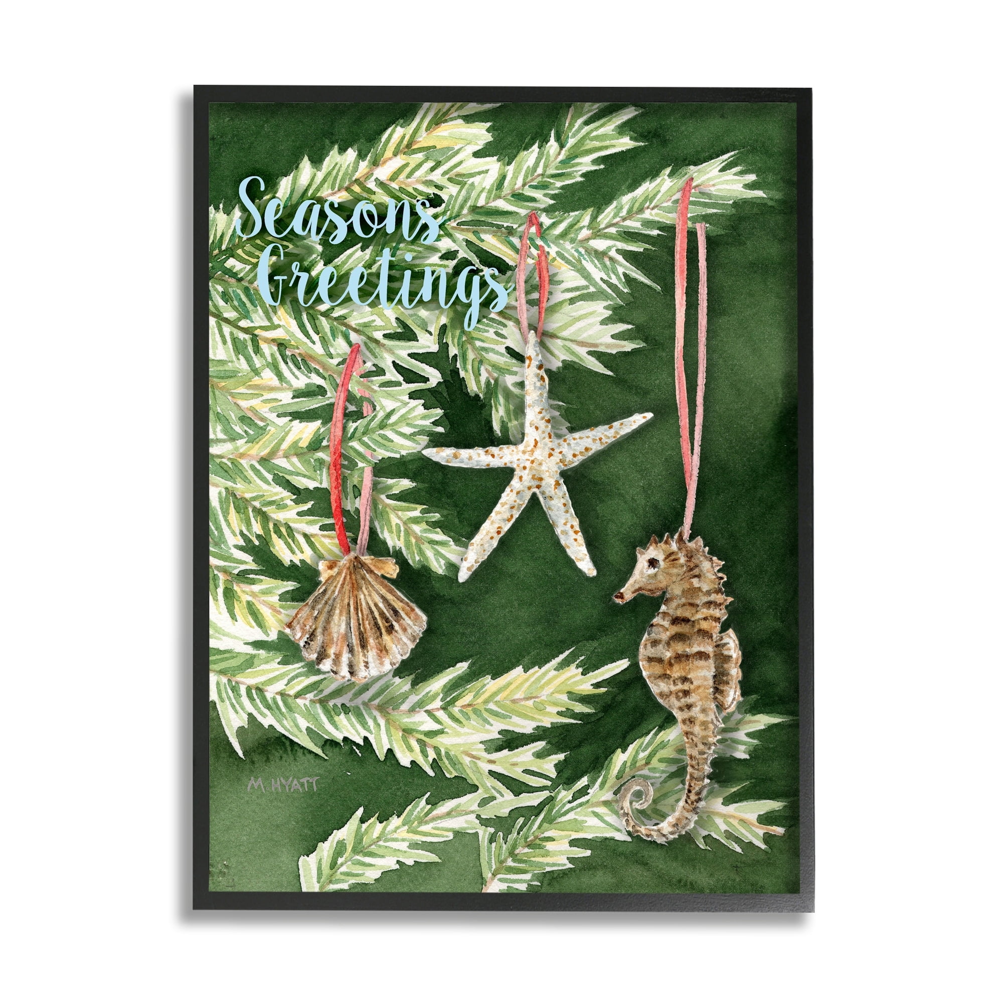 Stupell Home Décor Industries Season's Greetings Nautical Christmas Tree Seashells Gray Framed Design by Melissa Hyatt LLC