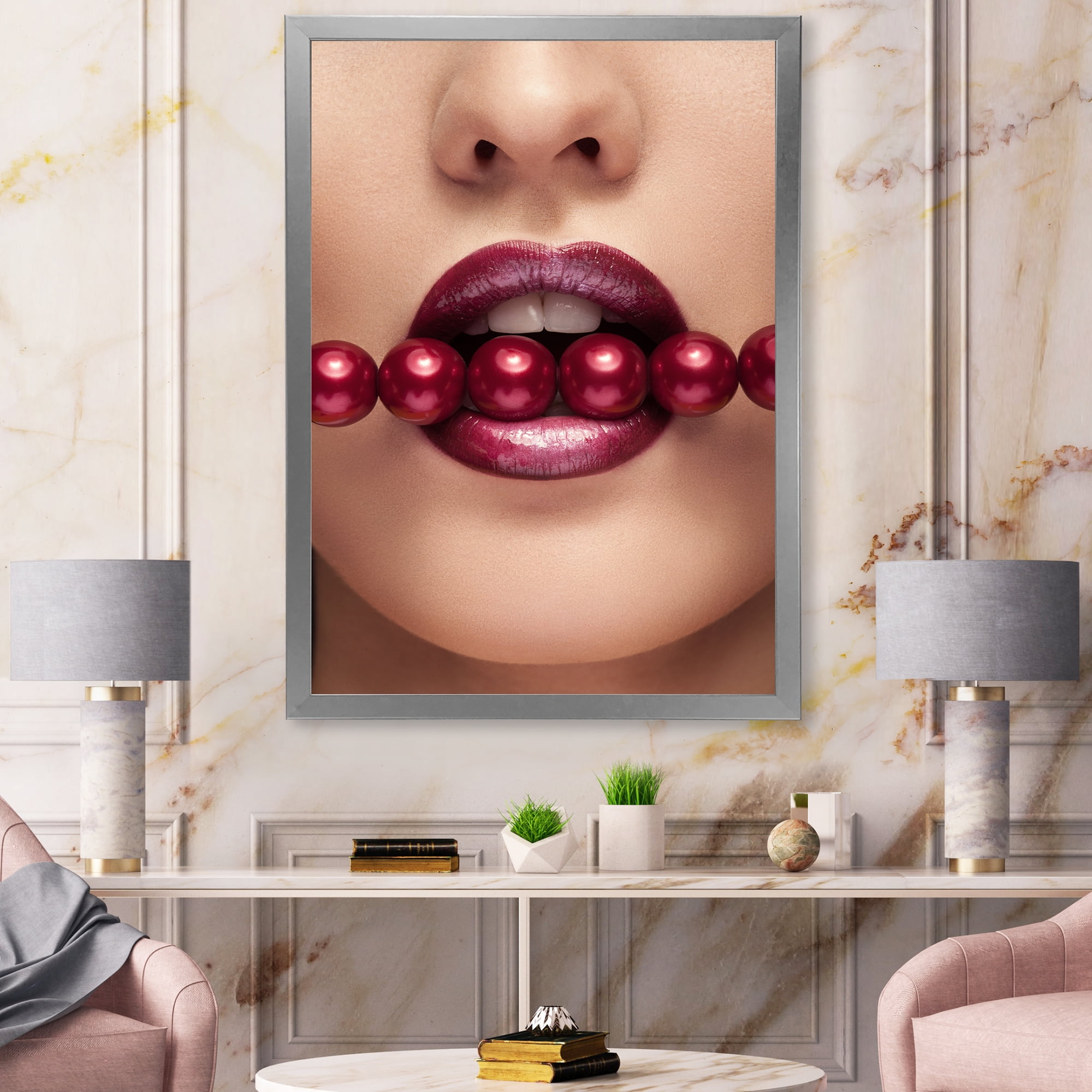 Designart 'Girl With Red Pearls In Mouth In A Sensual Pose' Modern Framed Art Print