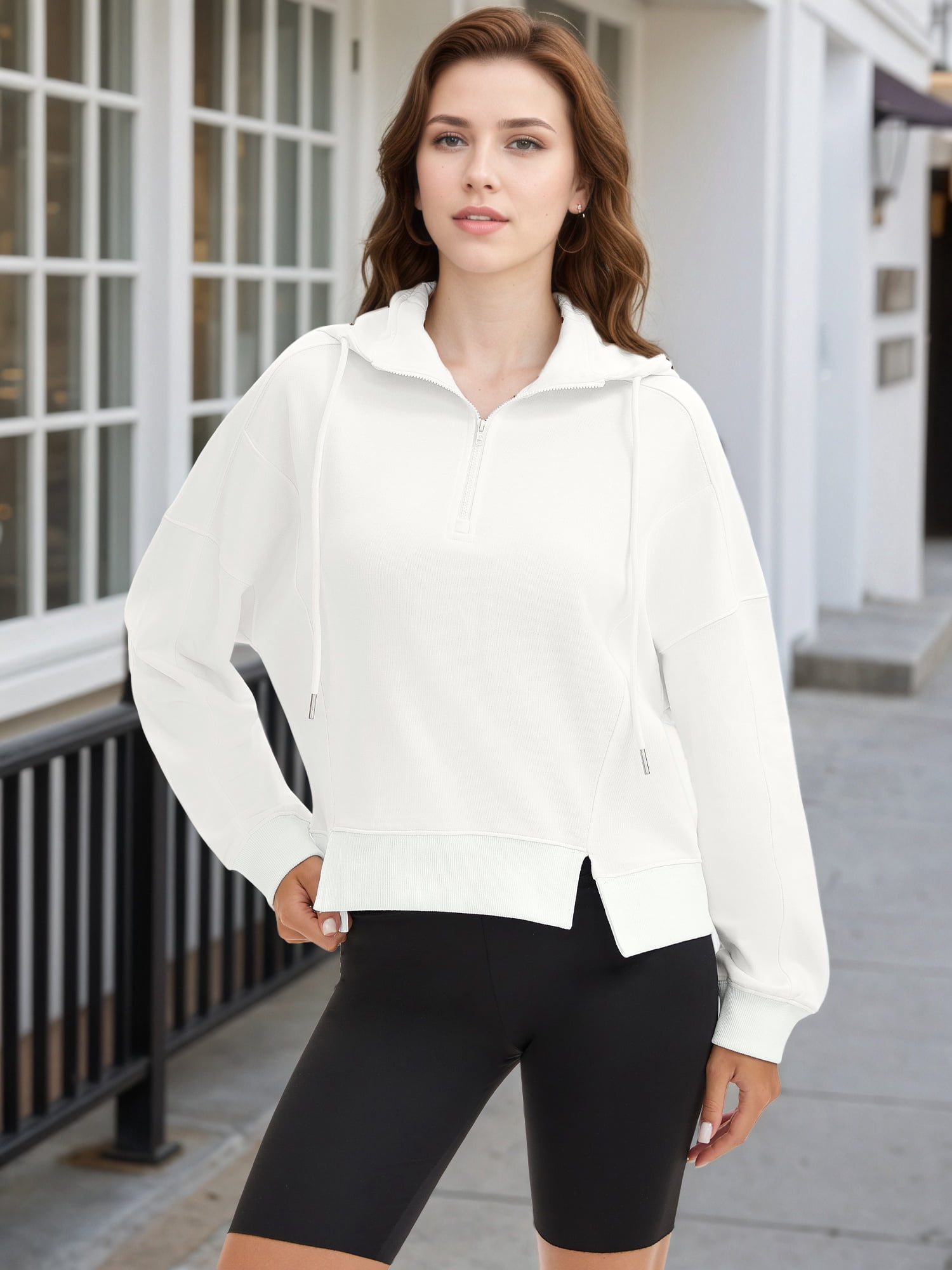 DARING DIVA Women's Stylish Cropped Half Zip Hoodie with Trendy Side Slits L White